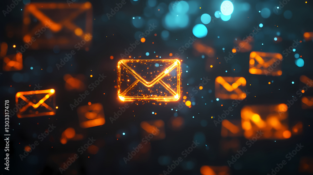 Poster glowing email icons: a mesmerizing digital illustration of numerous glowing email icons floating in 