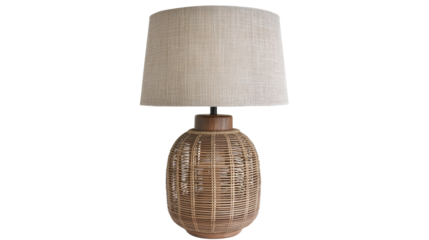 Stylish lamp with natural wooden base. A stylish table lamp featuring a woven rattan base and neutral fabric shade. Perfect for boho, coastal, or farmhouse-inspired interiors.