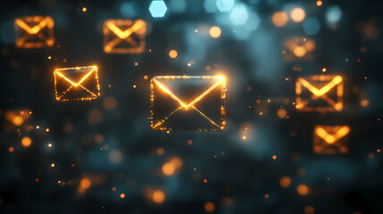 Glowing Email Icons: Abstract digital artwork of glowing email icons floating in a dark, sparkling background.  The icons pulse with a warm, golden light, symbolizing communication and connectivity.