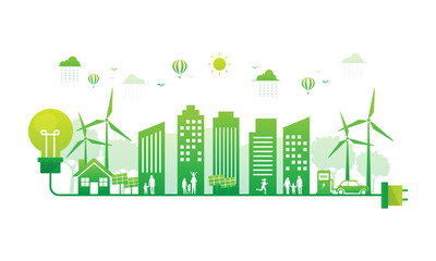 ecology environment light bulb with clean energy green city. world sustainability day concept. renewable energy. vector illustration flat design.