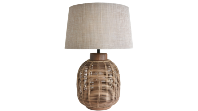 Stylish lamp with natural wooden base. A stylish table lamp featuring a woven rattan base and neutral fabric shade. Perfect for boho, coastal, or farmhouse-inspired interiors.
