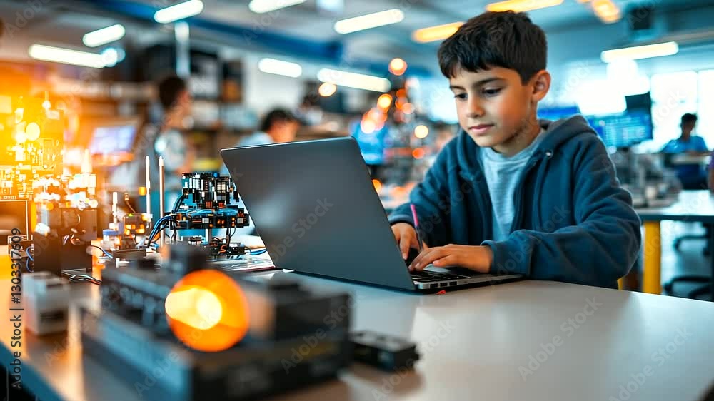 Poster young student enthusiastically working on robotics project in a well-lit classroom.