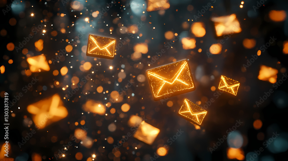 Poster digital communication abstract: gleaming digital envelopes float against a vibrant, bokeh-filled bac