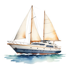 Fototapeta premium Sailing yacht illustration floating on watercolor sea for travel inspiration