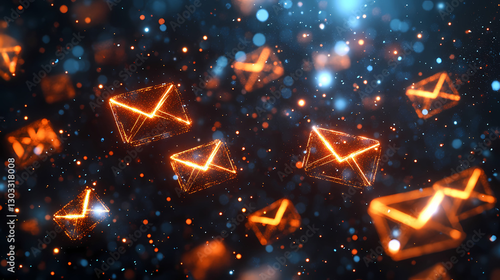 Poster digital mailbox overflow: a captivating abstract image of glowing email icons, seemingly floating in