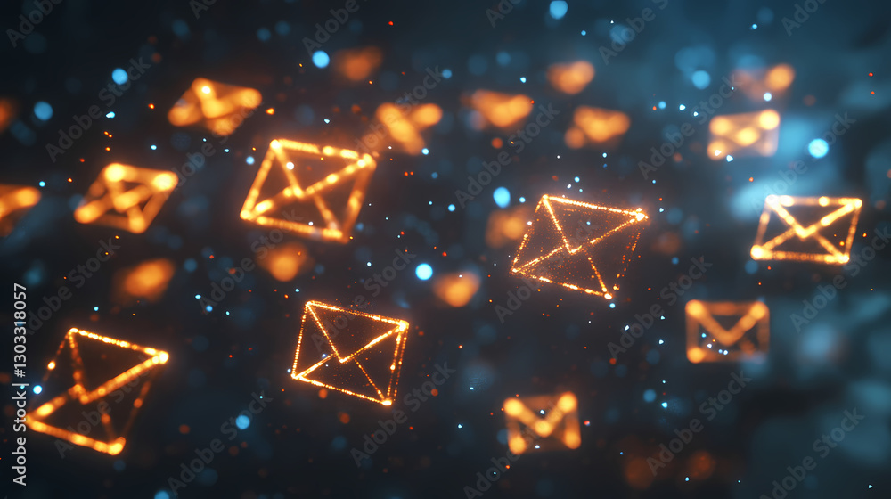 Poster digital echoes: glowing email symbols float through a vast, ethereal digital space, representing the