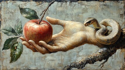 the original sin the forbidden fruit hand holding the apple and the snake on a tree branch artwork
