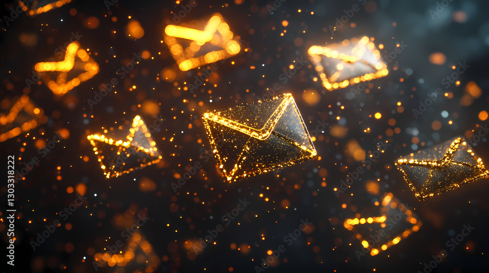 Poster golden email swarm: a dynamic and abstract visualization of digital communication, showcasing numero
