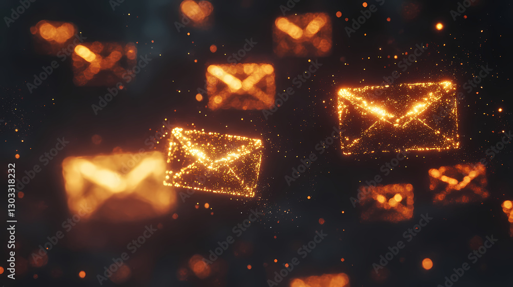 Poster digital communication brilliance: a radiant cloud of envelopes in a sea of sparkling particles. emph