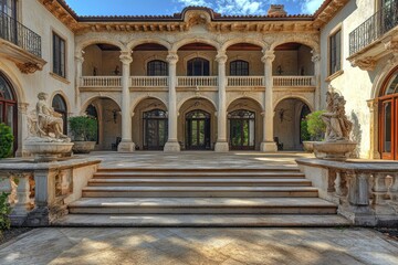 Obraz premium A grand estate featuring sculpted cornices, symmetrical stone columns, and arched doorways