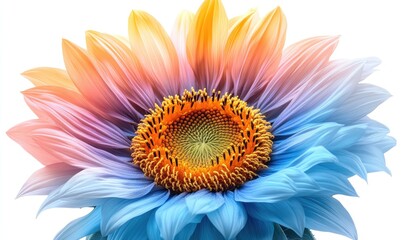 Fototapeta premium Vibrant colorful sunflower with gradient petals in shades of blue, pink, orange and yellow, isolated on white background, detailed center with orange and yellow, close-up view