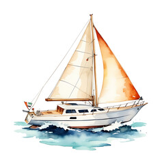 Fototapeta premium Sailboat sailing watercolor illustration on the ocean waves recreation leisure