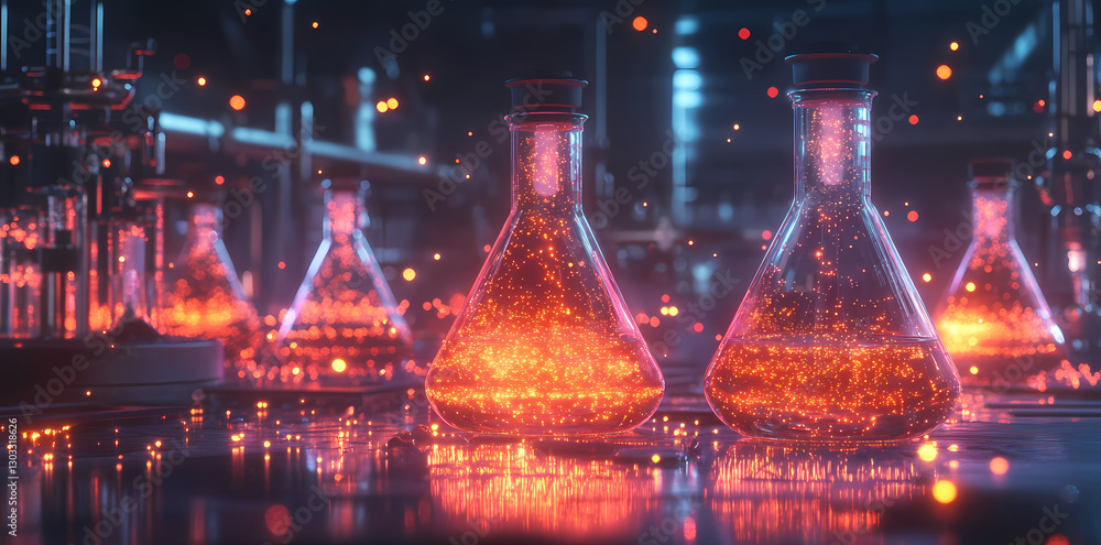Poster glowing concoctions: a captivating display of glowing substances within scientific flasks, sparking 