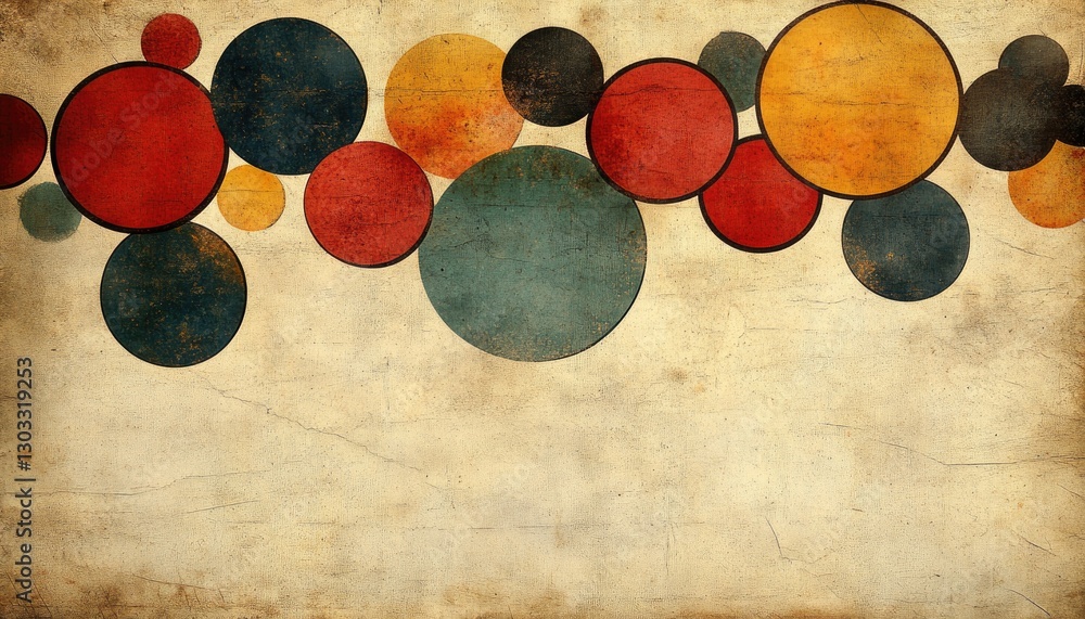 Poster vintage-style abstract background with colorful circles on textured beige surface. ideal for retro d