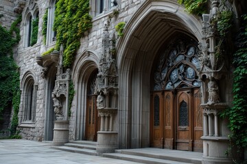 Fototapeta premium A grand stone library with intricate gargoyles, large oak doors, and ivy climbing its aged walls