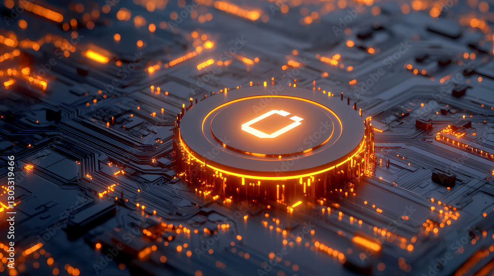 Poster technology's glowing core: a captivating, high-tech design showcases a neon-illuminated battery icon