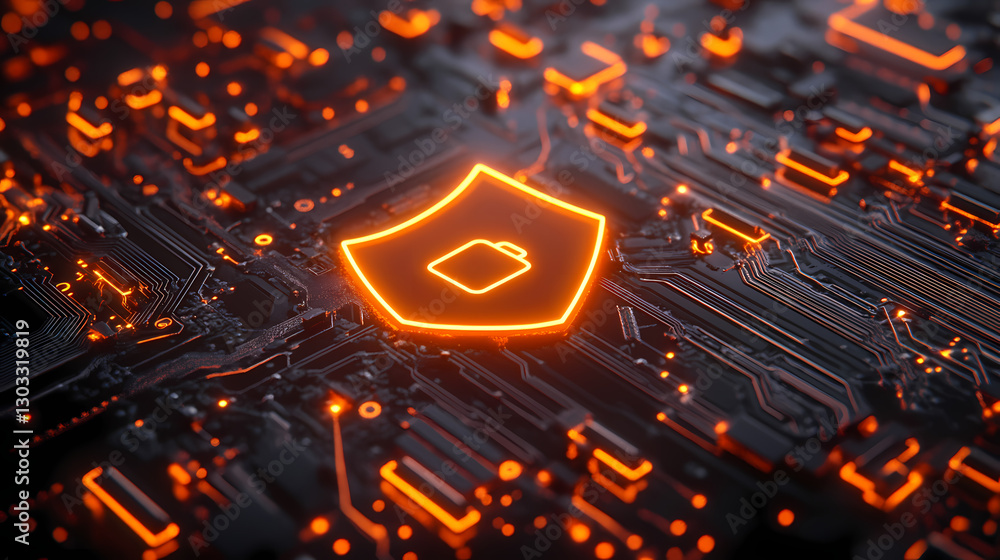 Poster cybersecurity shield: a neon shield symbol glows on a intricate circuit board, representing digital 