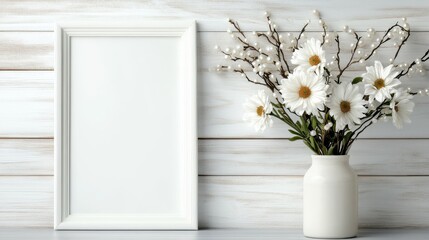 A stylish white vase filled with striking white daisies, set against a light-colored wooden background, creating an inviting and fresh atmosphere for home decor.