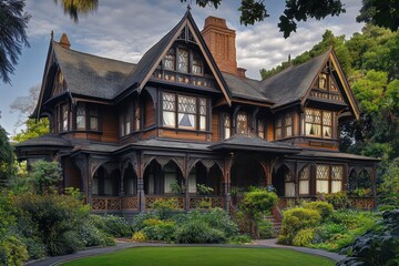 Obraz premium A grand Victorian home with intricate wooden trim, steep gabled roofs, and tall bay windows, surrounded by a lush garden