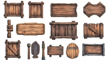 Naklejka premium Collection of rustic wooden signs, panels, and crates, isolated on white.