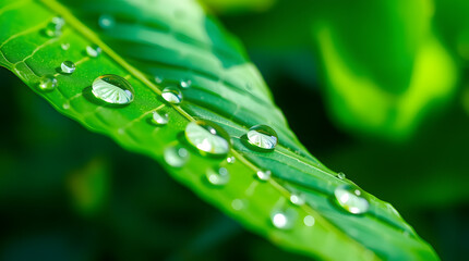 Naklejka premium a close-up shot of a vibrant green leaf covered in glistening water droplets, showcasing nature's intricate details 