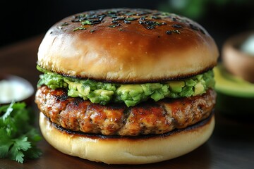 Burger with Avocado. Cilantro, brown table
