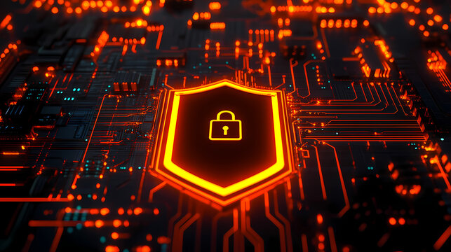 Cybersecurity Shield: A glowing shield icon with a padlock, symbolizing digital protection and security, rests atop an intricate circuit board, illuminated by a mesmerizing neon light.
