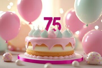 Pastel balloons surround a 3D cake numbered 75, expansive copy space provided.