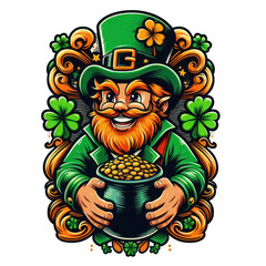 Colorful illustration of a leprechaun with a pot of gold surrounded by clovers and decorative swirls for St. Patrick's Day