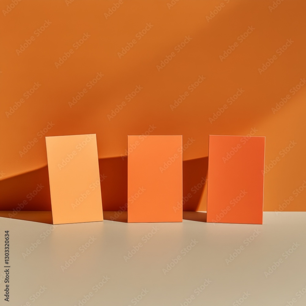 Poster minimalist display: three orange squares on neutral surface with sunny shadows.
