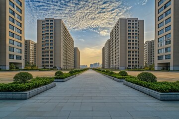 A high school with symmetrical tall buildings, a spacious open courtyard, and a paved walkway lined with small shrubs