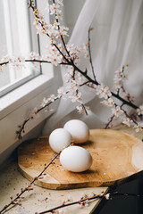 Beautiful branches lie on a wooden board on the windowsill. Composition with Easter eggs and bunny....