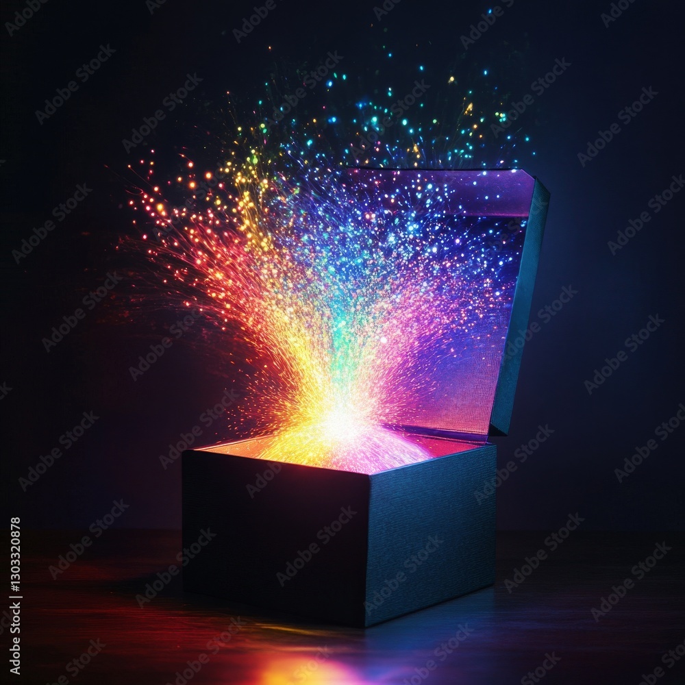 Aufkleber unleashing color: a mysterious box emitting a radiant, multifaceted explosion of light into the dark