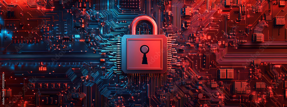 Poster cybersecurity lock: a close-up shot of a padlock on a circuit board, symbolizing digital security an