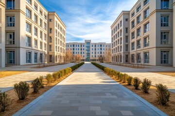 Obraz premium A high school with symmetrical tall buildings, a spacious open courtyard, and a paved walkway lined with small shrubs