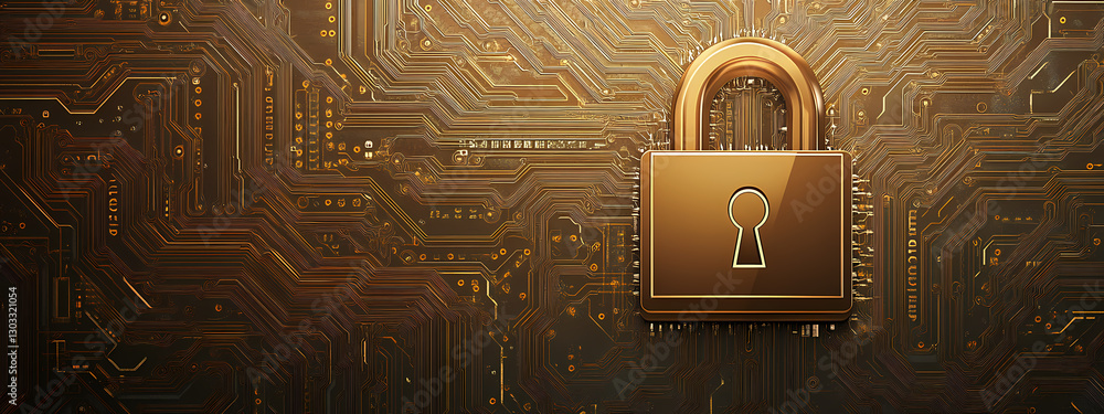 Poster cyber security padlock: a symbolic padlock rests on a textured circuit board, signifying the importa