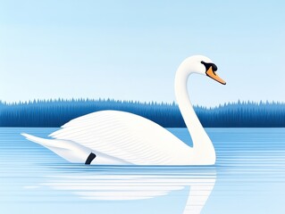 Fototapeta premium Elegant white swan gliding serenely across a calm lake under a clear blue sky