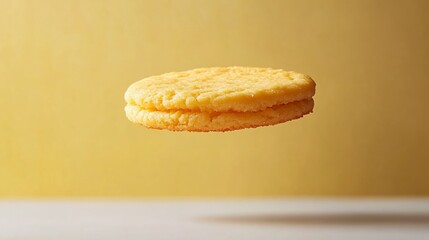 Sandwich cookie floating above white surface, against a golden gradient backdrop