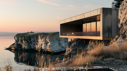 A minimalist modern house perched on the edge of a cliff at sunset