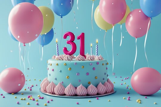Birthday cake, 31, vibrant, balloons, minimal design for ads.