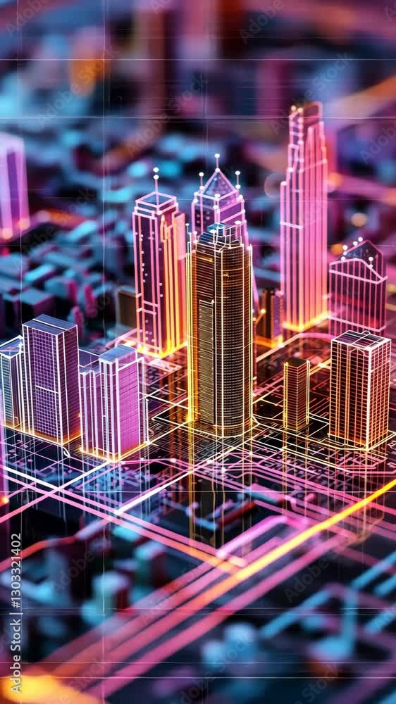 Poster digital cityscape with vibrant neon outlines and intricate network patterns at dusk
