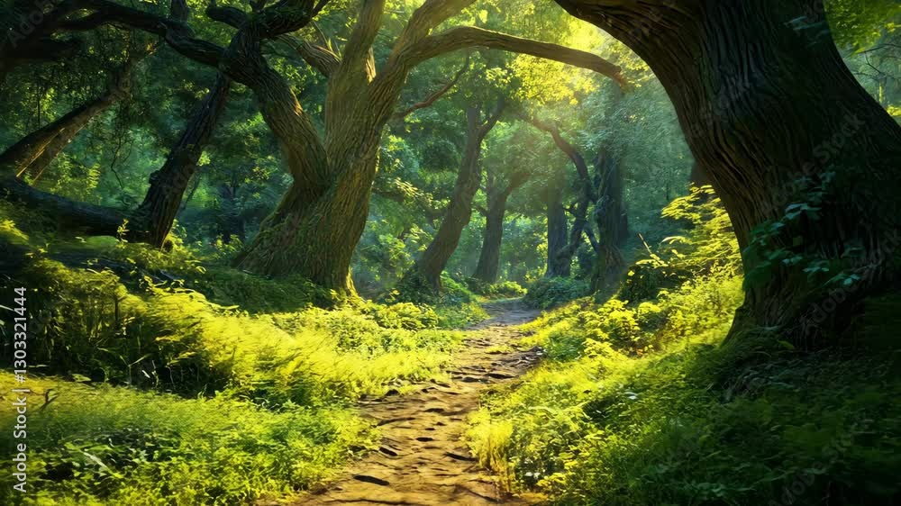 Poster sunlit forest path reveals lush greenery and towering trees in a serene natural setting