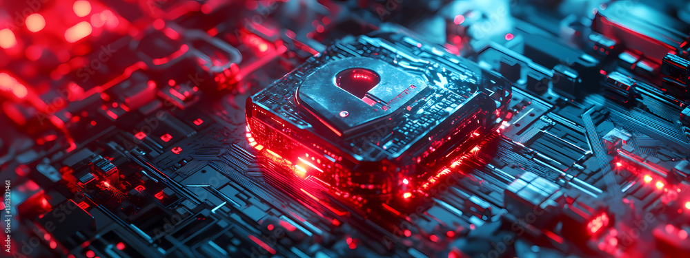 Poster cybernetic core: a close-up shot reveals a cutting-edge computer microchip, bathed in the cool blue 