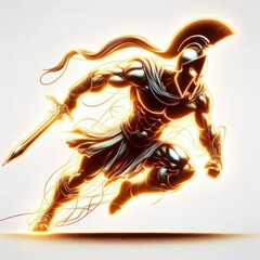 Epic warrior in dynamic pose wielding a sword and clad in armor illuminated by glowing light effects