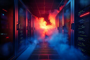 Data Center Server Room with Smoke and Dramatic Lighting Network Technology Infrastructure