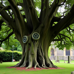 Ancient yew tree in churchyard, hollowed trunk, mystical aura