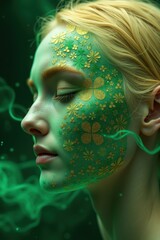 Artistic face painting with green and gold patterns on a model captured in an ethereal setting