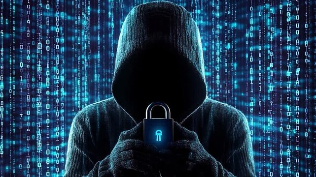 Mysterious figure in a hooded cloak holding a glowing padlock against a digital backdrop of binary code