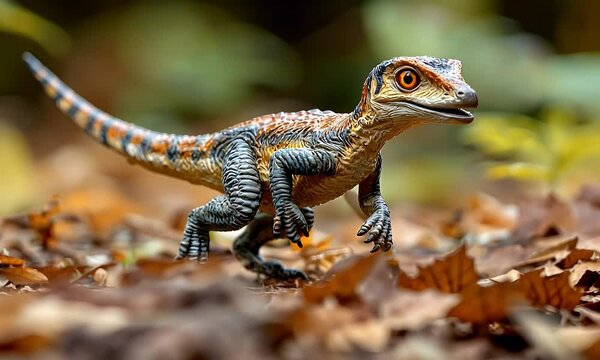 A detailed, vibrant miniature dinosaur toy, captured with artistic focus on forest floor.