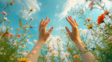Woman's hands on a flower meadow. Selective focus.